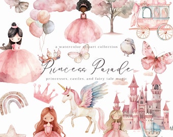 Princess Clipart Magical Kingdom Watercolor Clipart Princess Birthday Baby Girl Party Clipart Pink Princess Castle Kids Clipart Girl Nursery