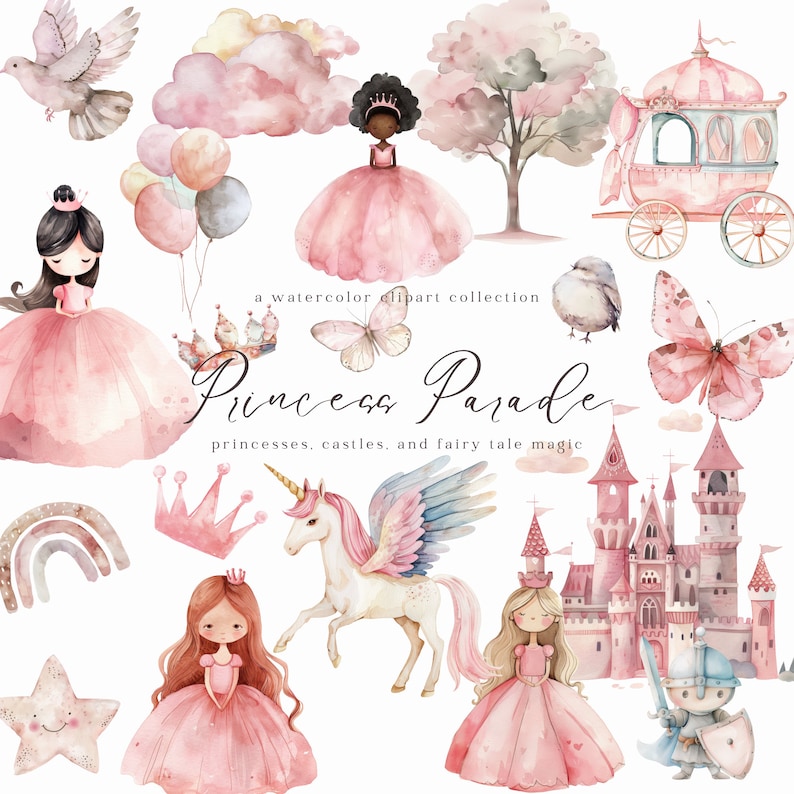 Princess Clipart Magical Kingdom Watercolor Clipart Princess Birthday ...