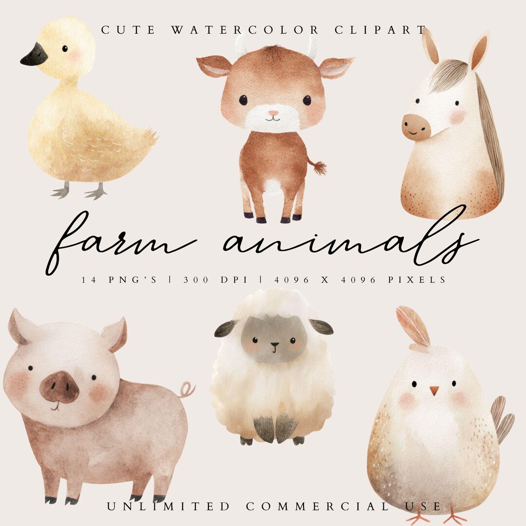 Cute Baby Farm Animals Watercolor Clipart, Baby Shower Farmyard Nursery ...