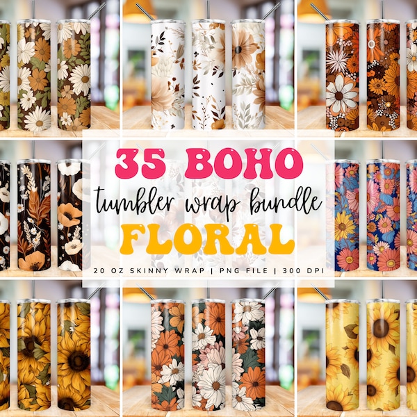 Boho Floral Tumbler Wrap Bundle, 20 oz Skinny Sublimation Design, Boho Tumbler Rustic Design, Straight & Tapered Flower PNG Digital Download