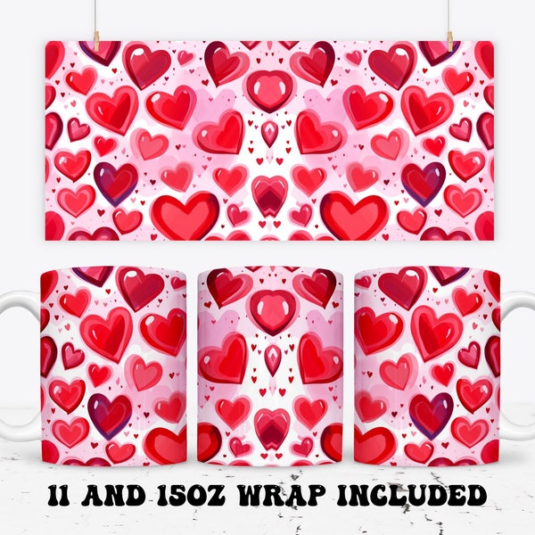 Valentine Hearts Mug Wrap, 11oz 15oz Mug png Template, Valentine's Full Mug Wrap Sublimation Design, Red Heart Mug Press Digital Download