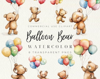 Op de afbeelding: Acht aquarel illustraties van teddyberen die kleurrijke ballonnen vasthouden. De beren zijn bruin en de ballonnen zijn in verschillende tinten blauw, geel, rood en groen. De tekst "Balloon Bear Watercolor 8 Transparent PNGs" staat onderaan de afbeelding.