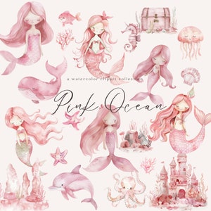 Clipart sirène petite sirène aquarelle océan Clipart anniversaire de sirène mignon Clipart aquarelle PNG animaux marins fête de sirène sous la mer