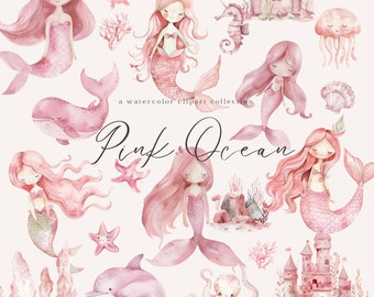 Mermaid Clipart Little Mermaid Watercolor Ocean Clipart Mermaid Birthday Cute Clipart Watercolor PNG Sea Animals Mermaid Party Under the Sea