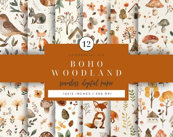 May include: A set of 12 digital papers featuring a boho woodland theme. The papers feature various illustrations of animals, plants, and houses in a watercolour style. The papers are 12x12 inches and 300 DPI.