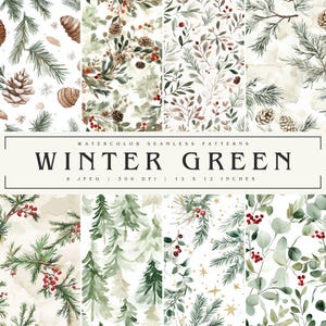 Christmas Papers Digital Seamless Pattern, Green & White Cozy Winter Foliage Scrapbook Paper, Waterolor Pine Holly Tree Acorn Background