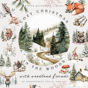 Clipart di Natale acquerello bosco, animali della foresta invernale PNG, grafica di Natale bosco - renna, volpe, gufo, scoiattolo, cervo