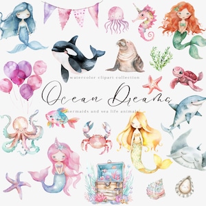 Clipart océan sous la mer Clipart aquarelle petite sirène PNG Animaux marins mignons Art pour chambre de bébé et baby shower pieuvre méduse requin tortue