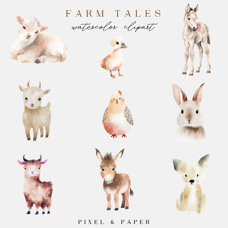 Watercolor Farm Clipart Bundle, Cute Farm Animals Birthday Party Pngs ...