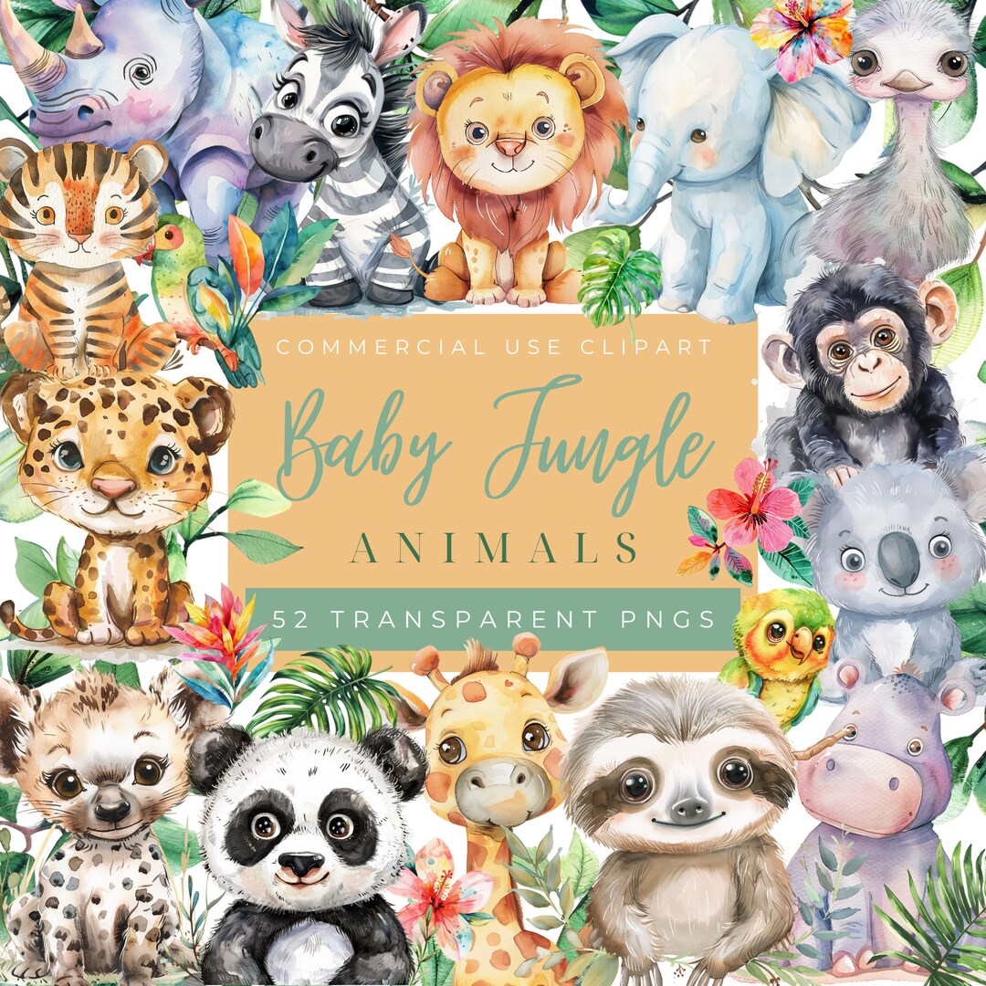Watercolor Jungle Baby Safari Animals Clipart Pack Safari Nursery Decor ...