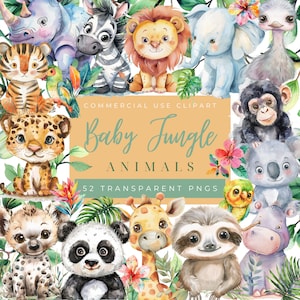 Acuarela Selva Bebé Safari Animales Clipart Pack Safari Vivero Decoración Baby Shower Animales de la Selva PNG Bebé Safari PNG Safari Animales PNG