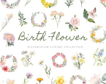 Birth Month Flowers Clipart, Watercolor Flower Bundle, Birth Flower PNG for Custom Gift, Floral Bouquet Illustrations, Wildflower Clipart