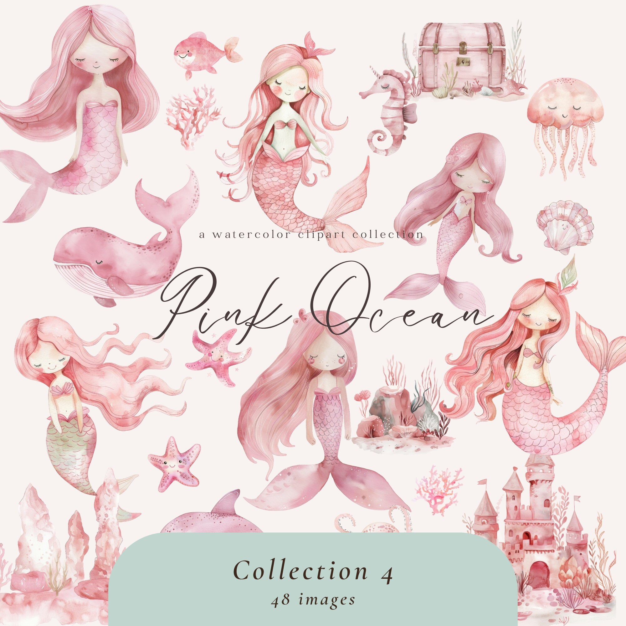 Mermaid Clipart Watercolor Bundle Cute Mermaid Png Under the Sea Ocean ...
