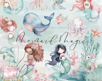 Mermaid Clipart Watercolor Cute Mermaid png Under the Sea Ocean Animals Clipart Watercolor Mermaid Birthday Little Mermaids Nursery Clipart