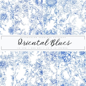 Chinoiserie Papers Seamless Pattern, Blue French Toile De Jouy Digital Paper, Vintage Blue Floral Watercolor Art, Flower Graphic Printable