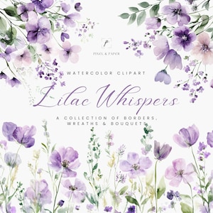 Clipart aquarelle fleurs mariage, bordures lilas bouquets & couronnes, compositions florales violettes pour bricolage, sublimation de fleurs violettes PNG