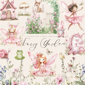 Clipart ad acquerello del giardino delle fate, arte fantasy della fata dei fiori incantata, compleanno della fata della foresta digitale, fate carine per la scuola materna e scrapbooking