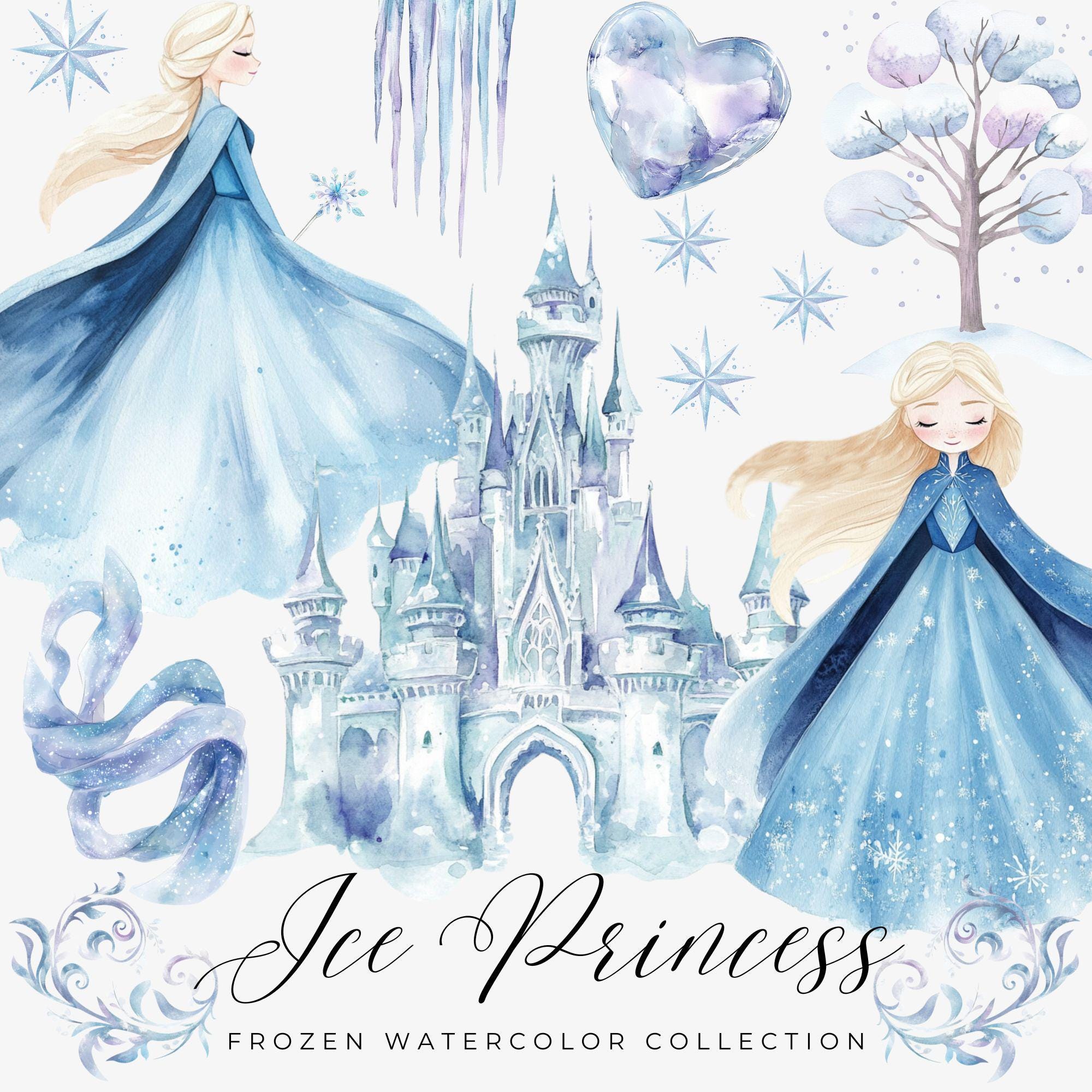 Frozen Watercolor Clipart, Fairytale Princess PNG Bundle, Magic Kingdom for Baby Girl & Kids Birthday, Dusty Blue Winter Ice Graphics