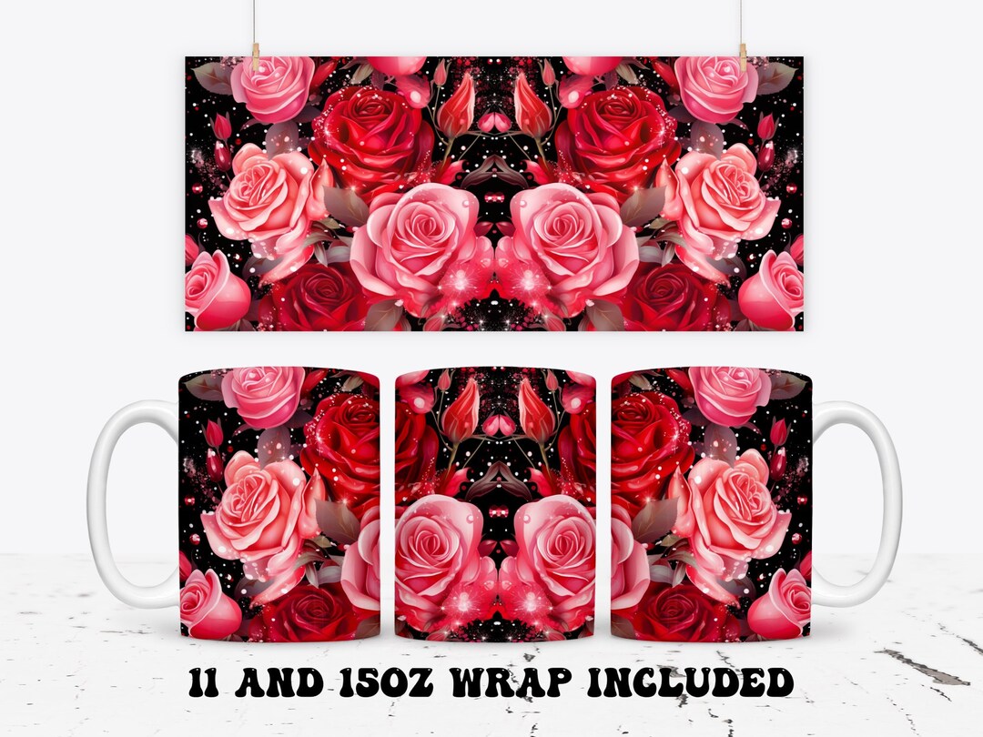 Roses Mug Wrap 11oz 15oz Mug Png Template, Red Roses Full Mug Wrap