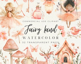 Fairies Watercolor Clipart, Enchanted Fairy Garden Clipart, Watercolor Fairy PNG, Pink Peach Fairytale Clipart, Cute Fairy House Clipart