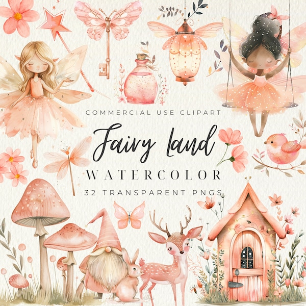 Fairies Watercolor Clipart, Enchanted Fairy Garden Clipart, Watercolor Fairy PNG, Pink Peach Fairytale Clipart, Cute Fairy House Clipart