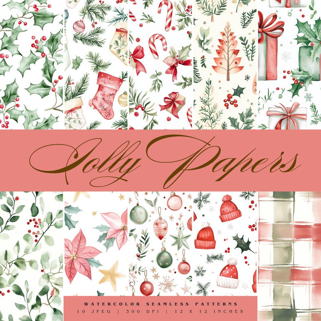 Festive Patterns Digital Paper, Christmas Watercolor Printables, Red ...
