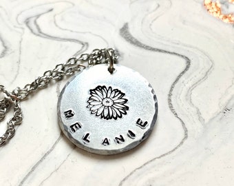 Flower Necklace, Daisy, Delicate Hand Stamped Necklace, Dainty Jewelry, stamped jewelry, Personalized Gift, Gift for mom