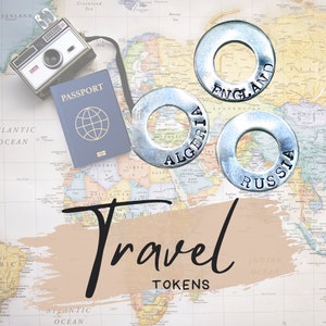 Travel tokens ONLY, travel lover gift, travel keychain, washer tokens, traveler's keepsake, personalized travel tags, Jetons de voyage