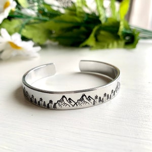 Personalized Mountains bracelet with hidden message, Evergreen cuff, Graduation gift, Custom made Jewelry, Hand Stamped Forest bracelet