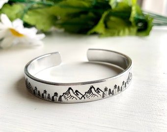 Personalized Mountains bracelet with hidden message, Evergreen cuff, Graduation gift, Custom made Jewelry, Hand Stamped Forest bracelet