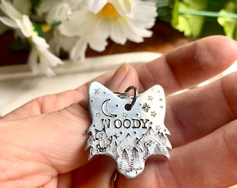 Pet ID Tag, Dog Tag, Fox, Mountains, Dog Collar Tag, Custom ID, Pet Name Tag, Hand Stamped Dog Tag, Engraved, Personalized New Pet, Dog Mom