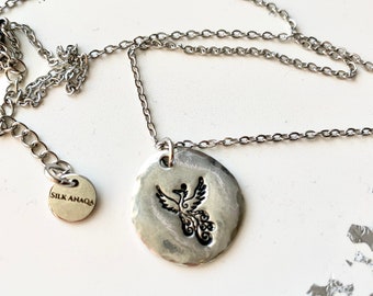 Stamped Phoenix Necklace, Small Hand Stamped Phoenix Alkeme Disc Necklace, Dainty Jewelry, Delicate Jewelry, Minimalist Gift, Fantasy Lover