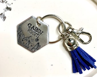 Cabin Keys keychain, Hand stamped key chain, Key chain for the cabin, House warming gift, New cabin gift, cottage keys