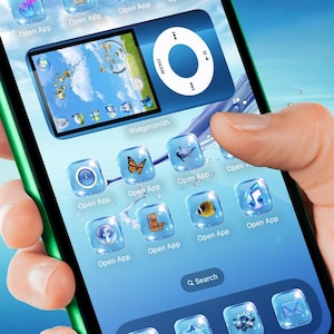 May include: A smartphone with a blue and green theme, featuring app icons in a water-like design. The screen displays a music player interface and various app icons, including a butterfly and a fish. The phone is held by a hand.