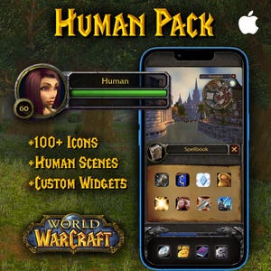May include: A smartphone screen showcases a World of Warcraft "Human Pack" theme, featuring game icons, scenes, and custom widgets. The image includes the game's logo, a character portrait, and the text "Human Pack."