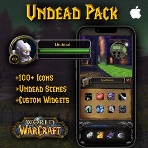 Puede incluir: Una pantalla de smartphone muestra un tema "Undead Pack" de World of Warcraft. La interfaz incluye iconos, escenas y widgets personalizados. La aplicación presenta una barra de salud y un retrato de personaje, con el texto "Undead" y "100+ Icons."