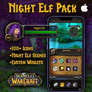 Könnte beinhalten: Ein Handy-Screenshot zeigt ein World of Warcraft Night Elf-Themenpaket. Das Bild zeigt ein Charakterporträt, eine Gesundheitsleiste und Spielelement-Oberflächen. Der Text enthält "Night Elf Pack", "100+ Icons", "Night Elf Scenes" und "Custom Widgets".