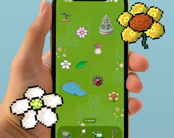 Garden Flowers Pixel Icon Pack - Classic Video Game Theme - Customizable iPhone Icons - Almost Free Cottage Core 8 bit Custom Phone Designs
