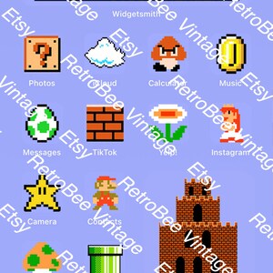 May include: A pixelated image of the Super Mario Bros. video game title card with a blue background.  The title card is orange with white text.  Below the title card are 10 pixelated icons representing different apps, including Photos, Cloud, Calculator, Music, Messages, TikTok, Yelp, Instagram, Camera, and Contacts.  The icons are arranged in a grid pattern.  Below the icons is a pixelated image of a brick wall with a question mark block and an exclamation point block.