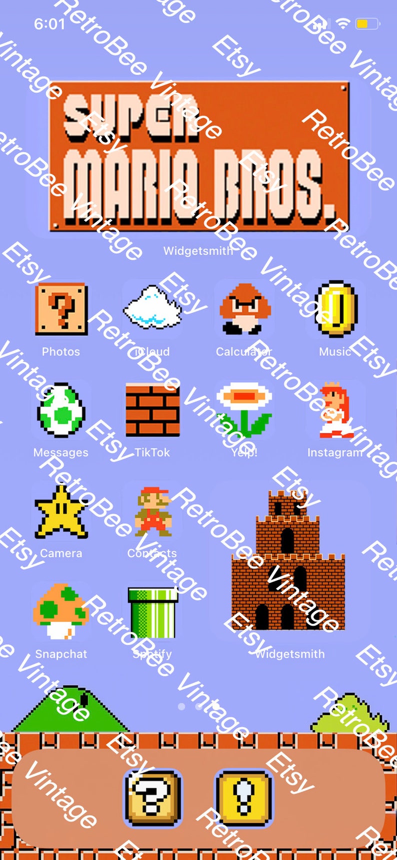 May include: A pixelated image of the Super Mario Bros. video game title card with a blue background.  The title card is orange with white text.  Below the title card are 10 pixelated icons representing different apps, including Photos, Cloud, Calculator, Music, Messages, TikTok, Yelp, Instagram, Camera, and Contacts.  The icons are arranged in a grid pattern.  Below the icons is a pixelated image of a brick wall with a question mark block and an exclamation point block.