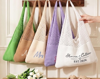 Custom Beach Tote Bags, Boho Hollow Knit, Embroidered Beach Trip Tote, Bride Gift, Bachelorette Party Favors, Gift For Her