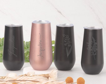 Personalized Champagne Tumbler,Custom Name Tumbler Birth Month Flower,Champagne Tumbler,Bachelorette Stainless Flute Wine Glass