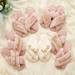 Custom Fluffy Slippers,Custom Bride Slippers,Fluffy Bridesmaid Slippers,Bride Slipper Personalized,Christmas party slippers,Fluffy Slippers image 1