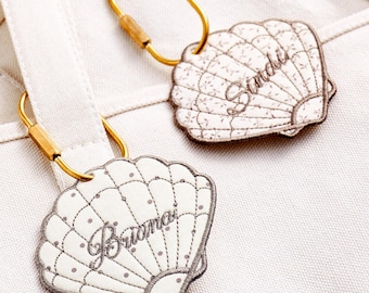 Custom Name Seashell Shaped Bag Tag, Custom Embroidered Bag Tag, Beach Wedding Luggage Favors, Bridal Party Keepsake, Girls Trip Gift