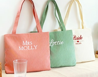 Personalised Embroidered Corduroy Tote Bag with Zipper, Custom Name Tote Bag, Travel Bag,Bachelorette Gift,Christmas Gift