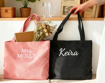 Embroidered with initials custom tote, Personalized Corduroy Tote Bag, Custom Name Tote Bag,Christmas Custom Gifts, Corduroy Tote