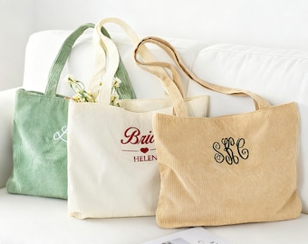 Personalized Embroidered Monogrammed Corduroy Tote Bag, Embroidered Shoulder Bag, Bridesmaid Tote Bags, Christmas Gift for Her