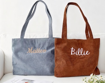 Embroidered with initials custom tote, Personalized Corduroy Tote Bag, Custom Name Tote Bag,Christmas Custom Gifts, Corduroy Tote