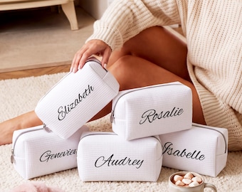 Personalized Waffle Makeup Bag, Custom Name Cosmetic Bag, Monogram Toiletry Bag, Bridesmaid Gift, Bridal Shower Gift, Gift for Her