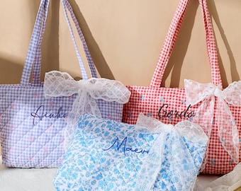 Custom Name Flower  Tote Bag, Embroidered Cotton Shoulder Bag, Travel Shoulder Bag, Bridesmaid Bag For Gift